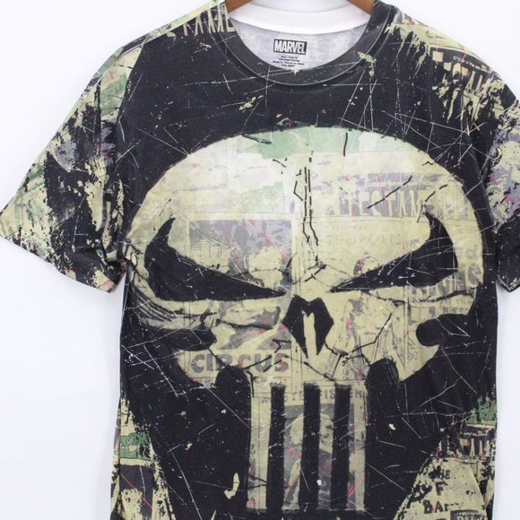 Vintage Marvel Shirt Men Black & Tan Short Sleeve Punisher All Over Print Logo M - Picture 3 of 8